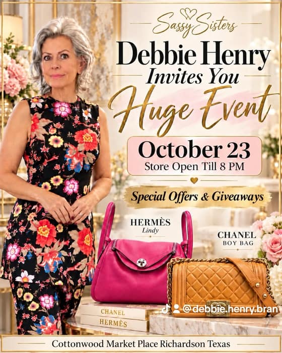 Sassy Sisters invitation from Debbie Henry for the October 23 event, open until 8 PM at Cottonwood Market Place in Richardson, Texas