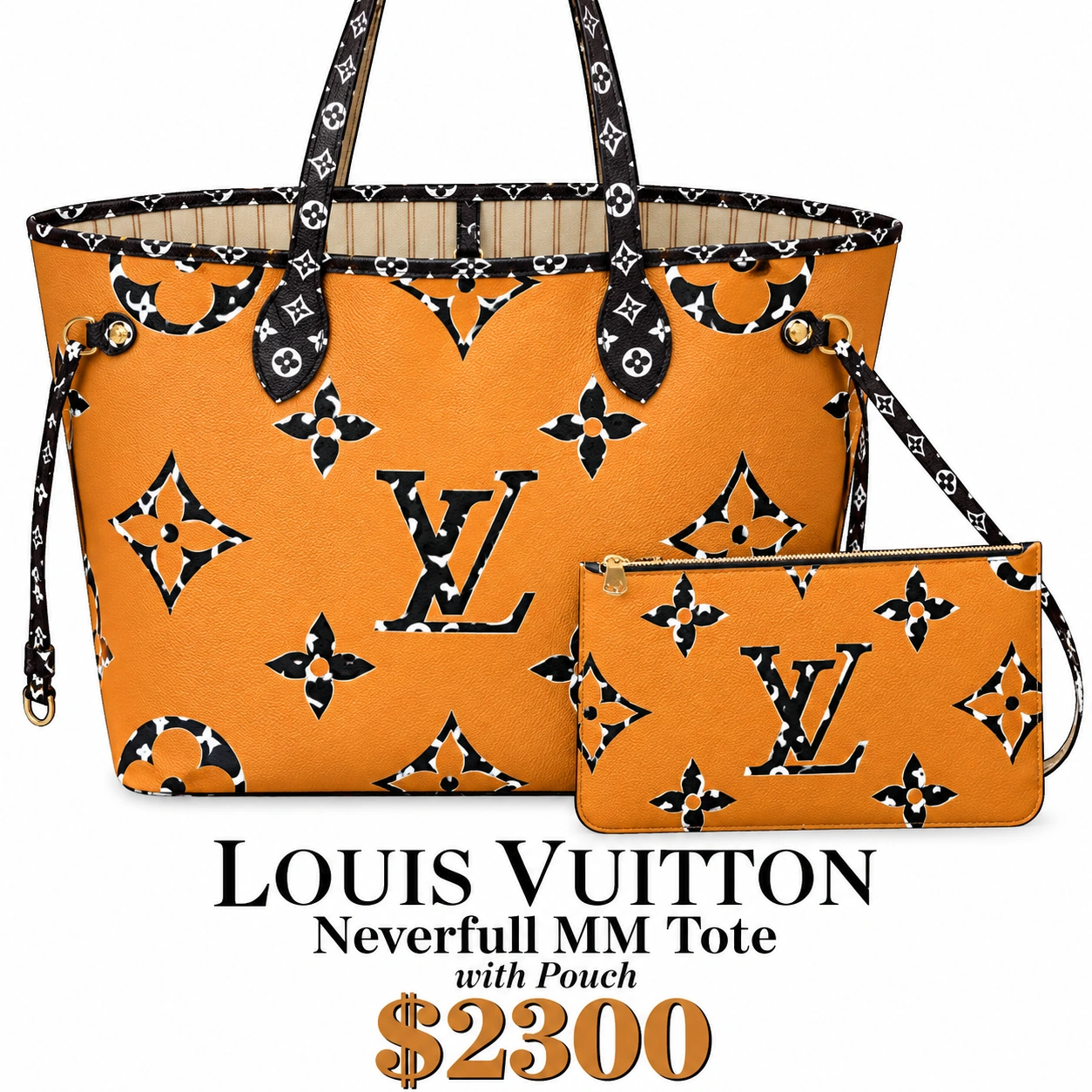 Orange Louis Vuitton Neverfull and pouch
