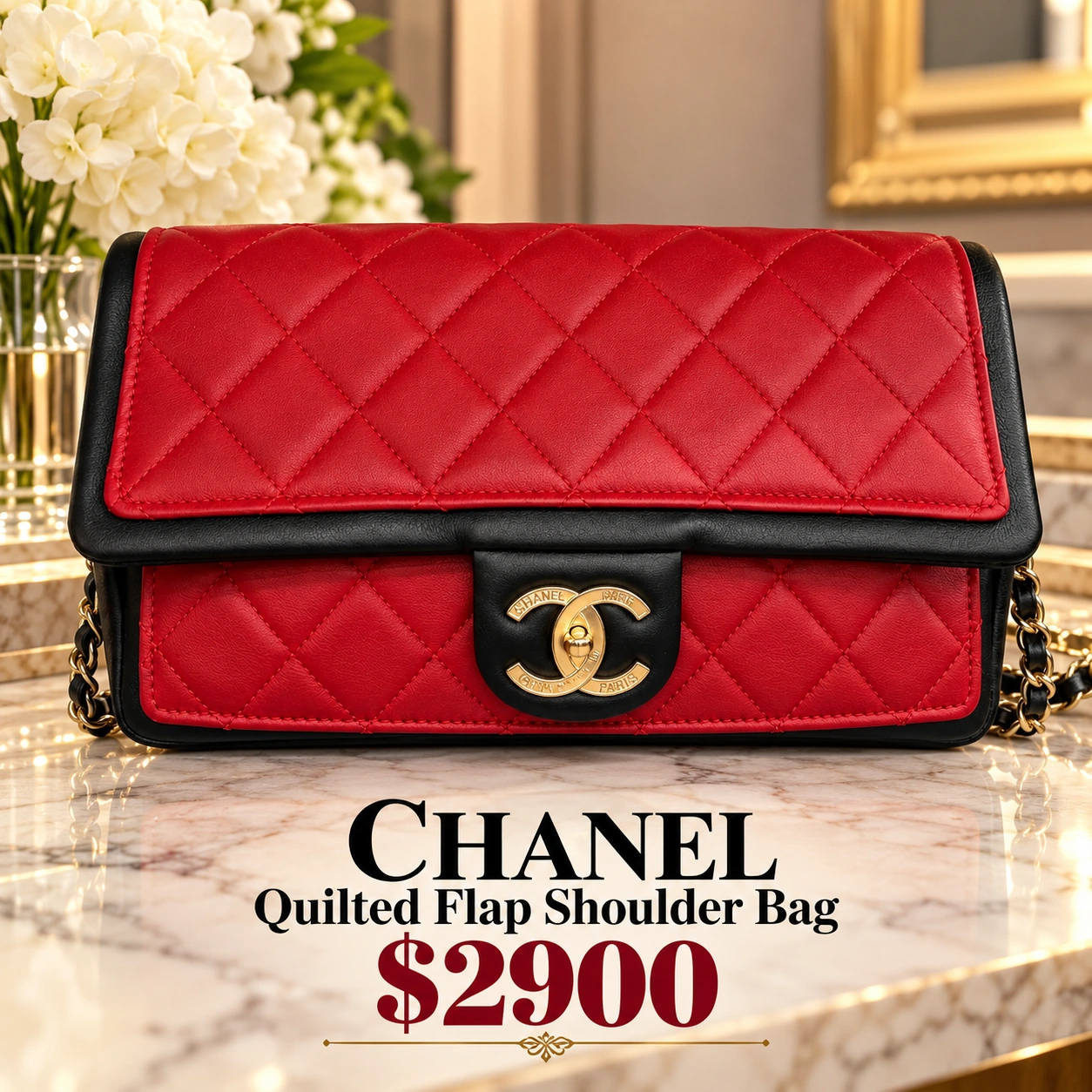 Red quilted Chanel flap shoulder bag